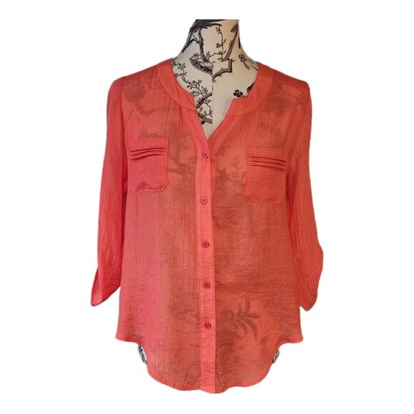 IN Studio Petite Women's Size P/S Solid Coral Button Up Top Blouse Front Pockets - Picture 1 of 7